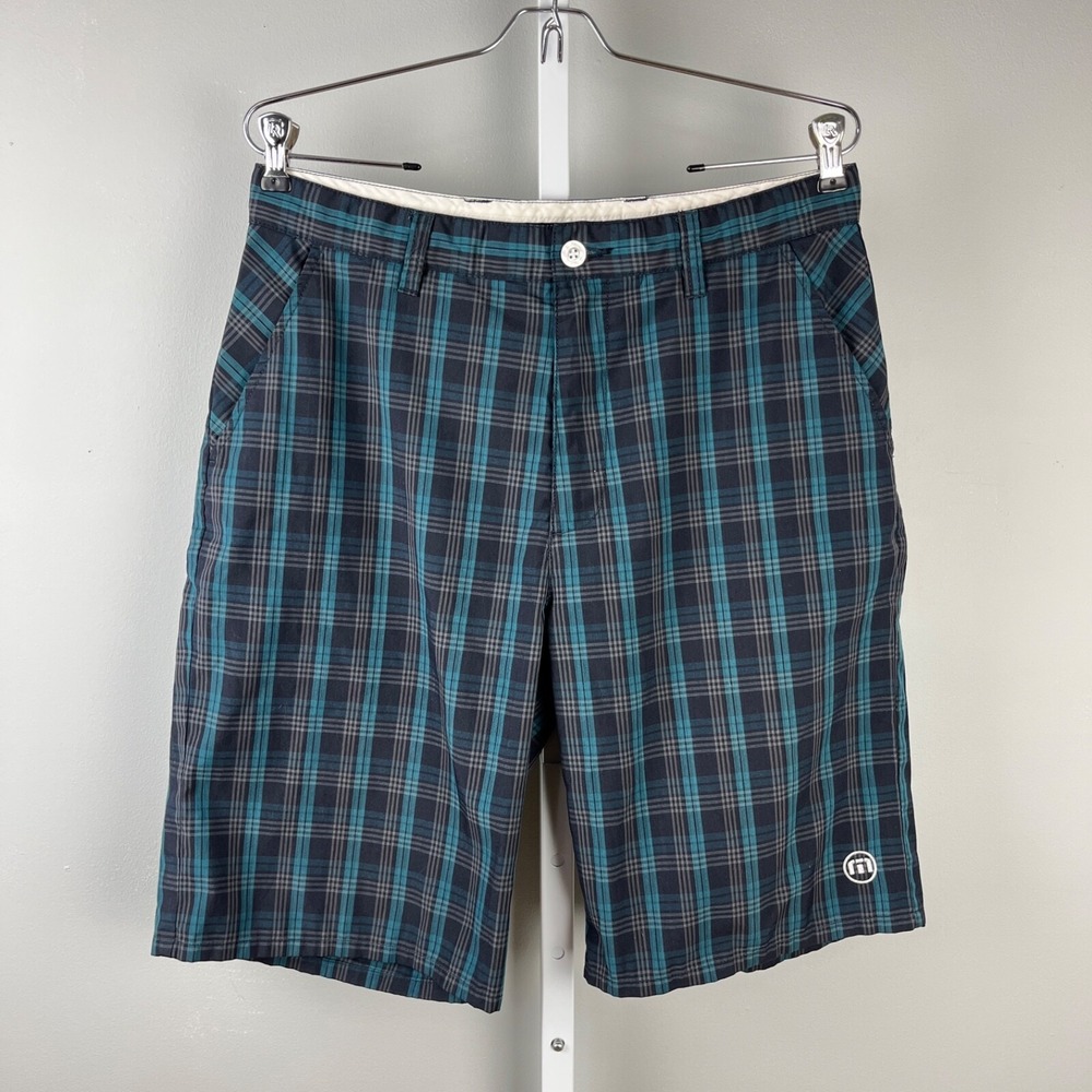 Travis Mathew Golf Shorts Mens Size 32 Black Gray Teal Plaid Performance Chino